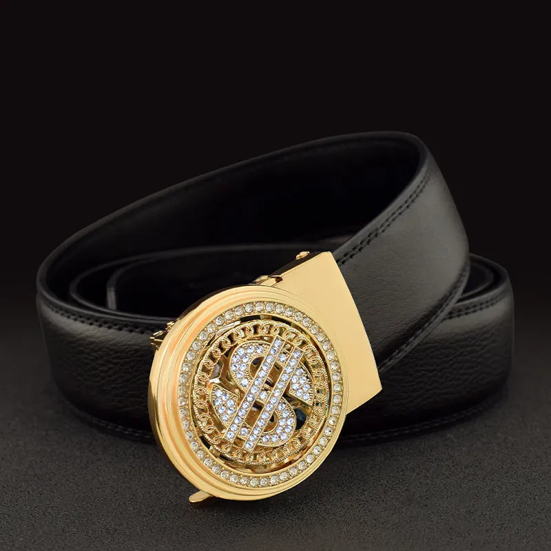 Luxury Genuine Leather Rhinestone Metal Rotatable Men Belt