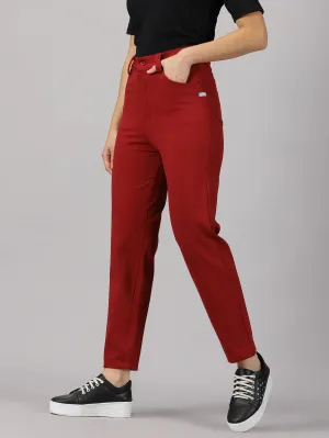 Maroon solid four pocket stretchable trousers