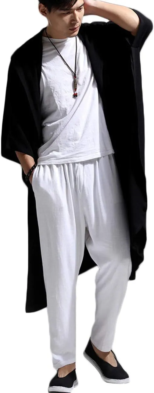 Mens Linen Cotton Draped Cardigans Half Sleeve Hooded Long Shawl Ruffle Trench Coat