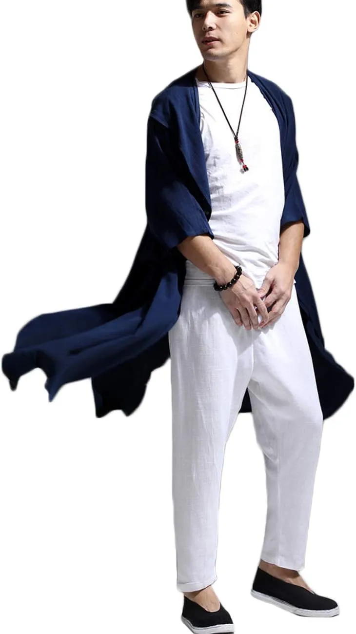 Mens Linen Cotton Draped Cardigans Half Sleeve Hooded Long Shawl Ruffle Trench Coat