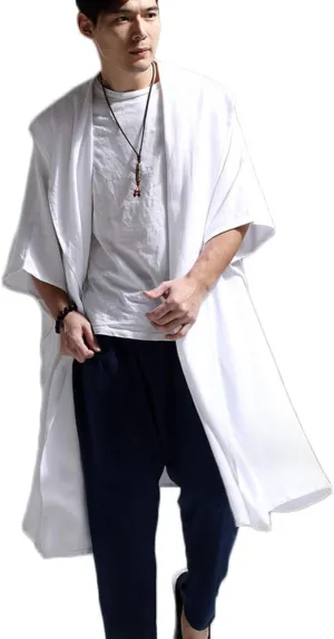 Mens Linen Cotton Draped Cardigans Half Sleeve Hooded Long Shawl Ruffle Trench Coat