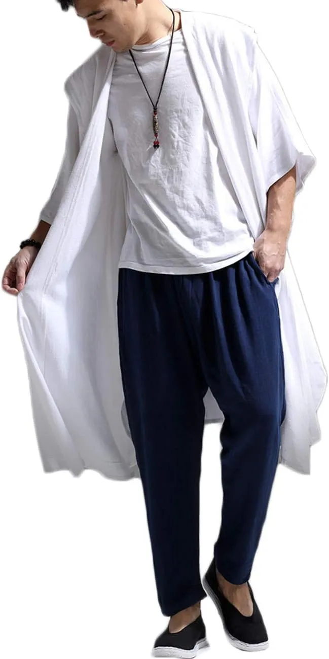 Mens Linen Cotton Draped Cardigans Half Sleeve Hooded Long Shawl Ruffle Trench Coat