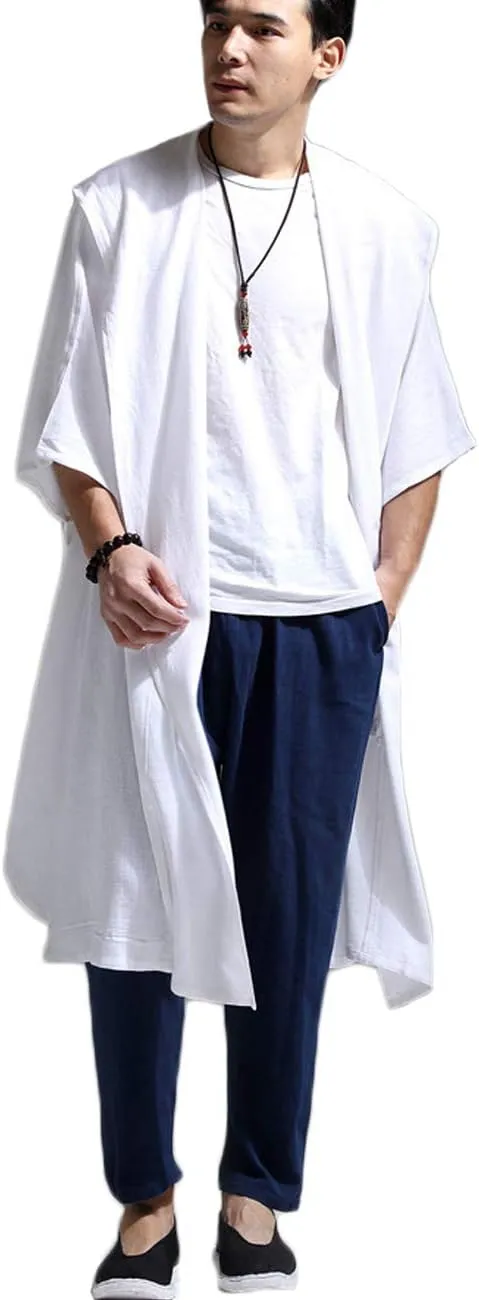 Mens Linen Cotton Draped Cardigans Half Sleeve Hooded Long Shawl Ruffle Trench Coat