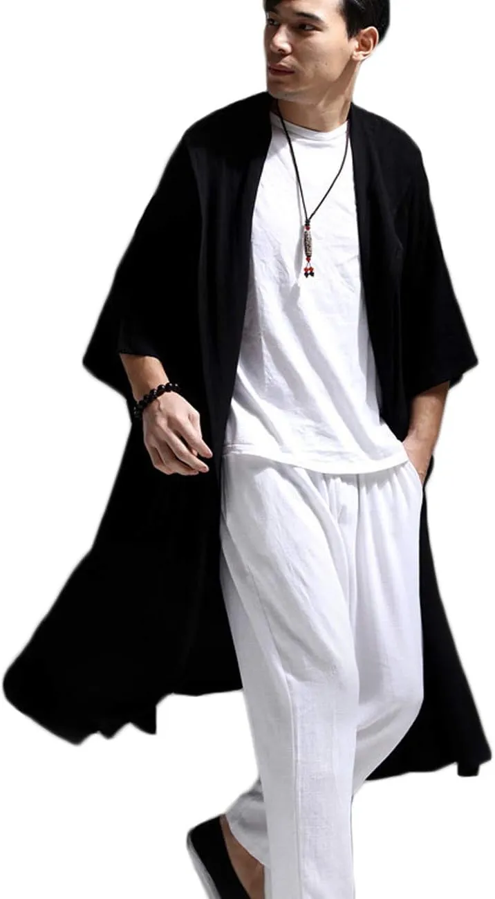 Mens Linen Cotton Draped Cardigans Half Sleeve Hooded Long Shawl Ruffle Trench Coat