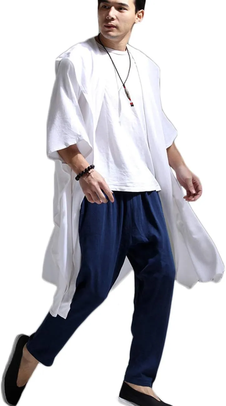 Mens Linen Cotton Draped Cardigans Half Sleeve Hooded Long Shawl Ruffle Trench Coat
