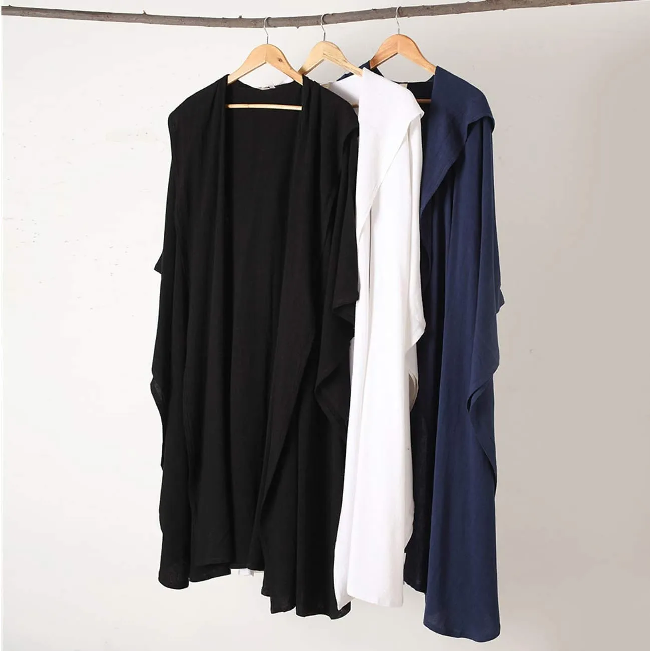 Mens Linen Cotton Draped Cardigans Half Sleeve Hooded Long Shawl Ruffle Trench Coat