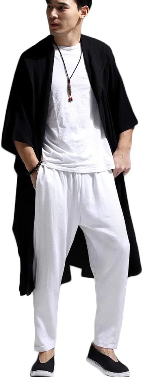 Mens Linen Cotton Draped Cardigans Half Sleeve Hooded Long Shawl Ruffle Trench Coat