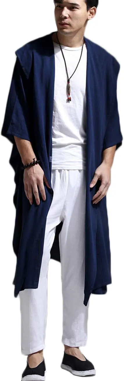 Mens Linen Cotton Draped Cardigans Half Sleeve Hooded Long Shawl Ruffle Trench Coat