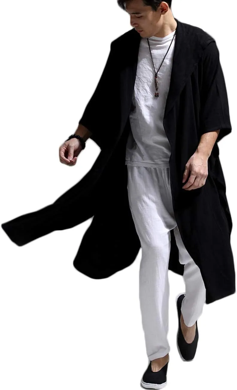 Mens Linen Cotton Draped Cardigans Half Sleeve Hooded Long Shawl Ruffle Trench Coat