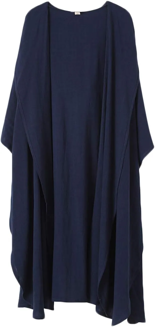 Mens Linen Cotton Draped Cardigans Half Sleeve Hooded Long Shawl Ruffle Trench Coat