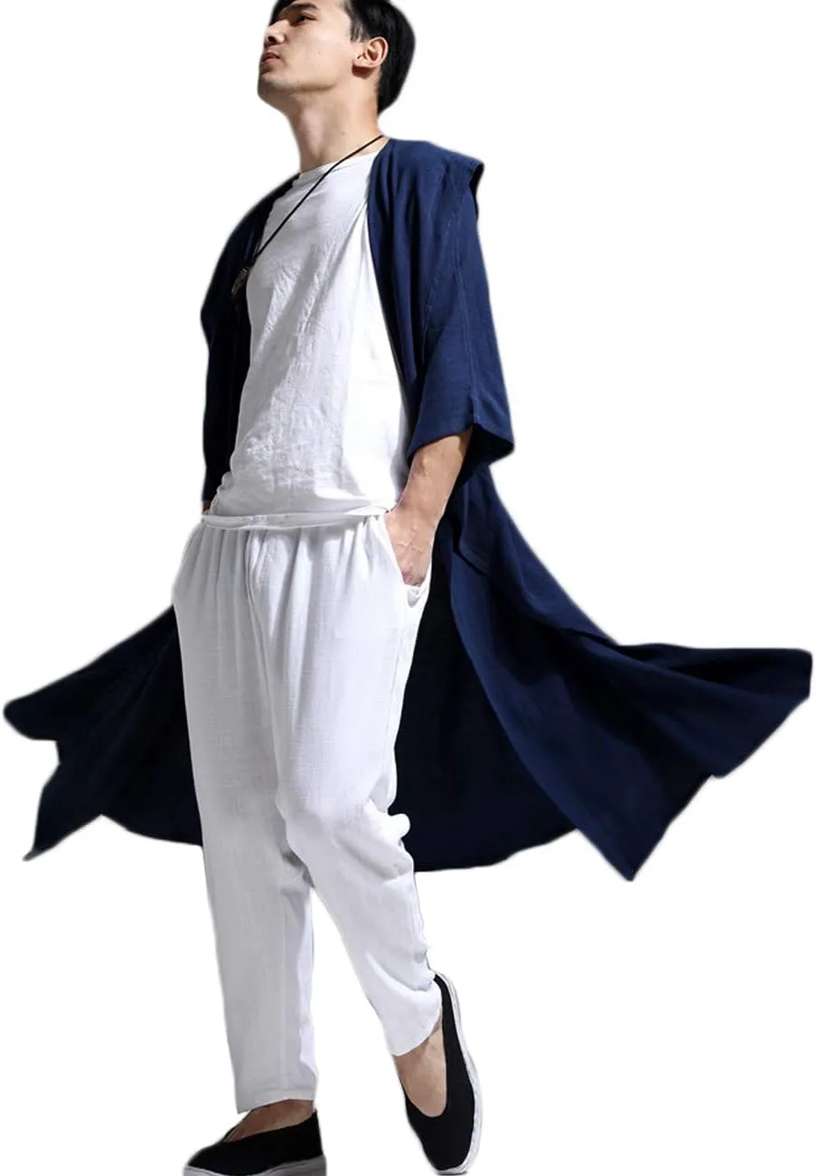 Mens Linen Cotton Draped Cardigans Half Sleeve Hooded Long Shawl Ruffle Trench Coat