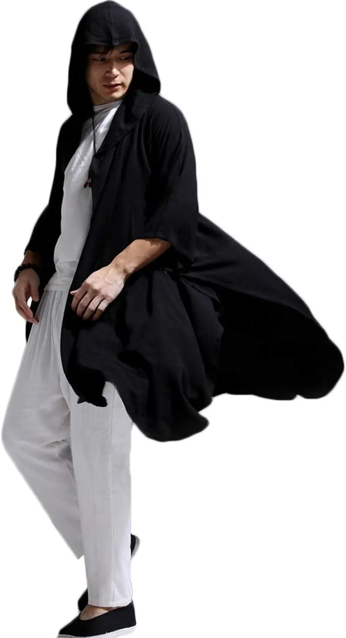 Mens Linen Cotton Draped Cardigans Half Sleeve Hooded Long Shawl Ruffle Trench Coat