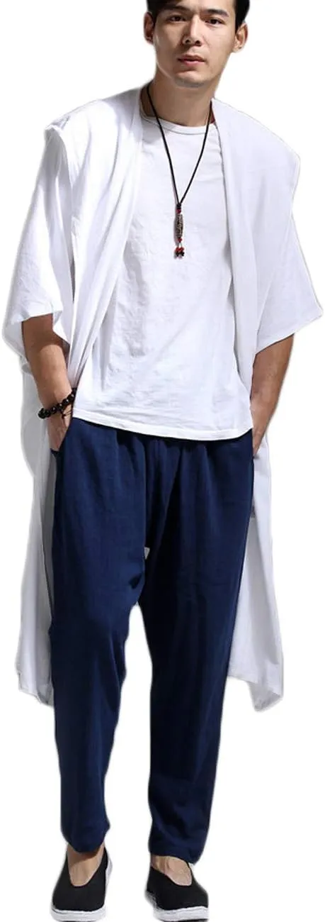 Mens Linen Cotton Draped Cardigans Half Sleeve Hooded Long Shawl Ruffle Trench Coat