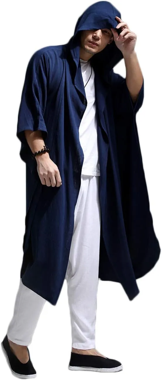Mens Linen Cotton Draped Cardigans Half Sleeve Hooded Long Shawl Ruffle Trench Coat