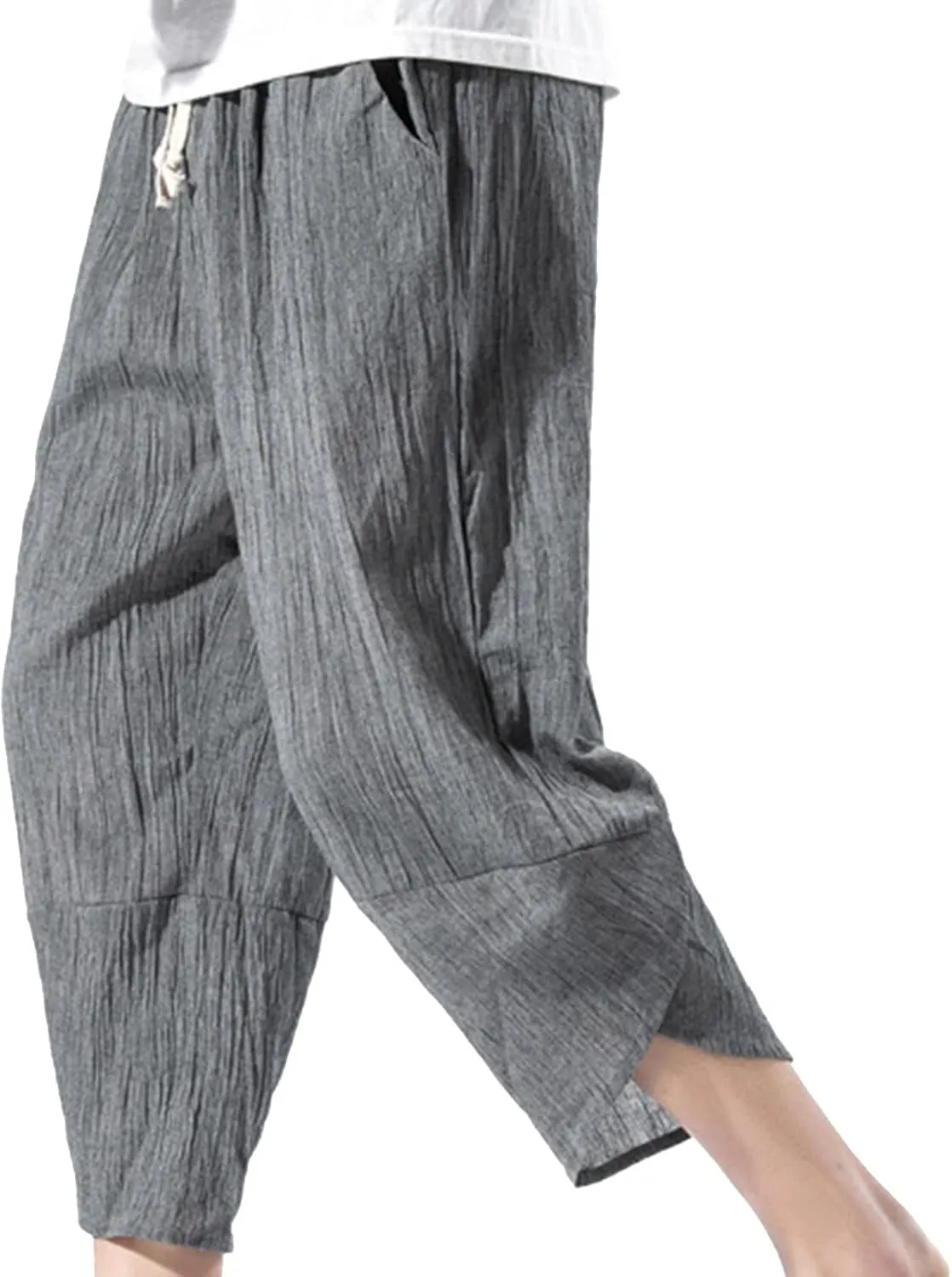 Mens Linen Harem Capri Yoga Pant Lightweight Loose Fit Trousers Drawstring Drop Crotch Stretchy Waist Casual Ankle Pants