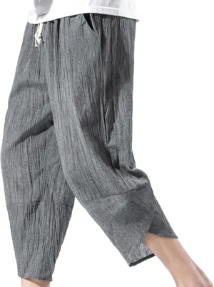 Mens Linen Harem Capri Yoga Pant Lightweight Loose Fit Trousers Drawstring Drop Crotch Stretchy Waist Casual Ankle Pants