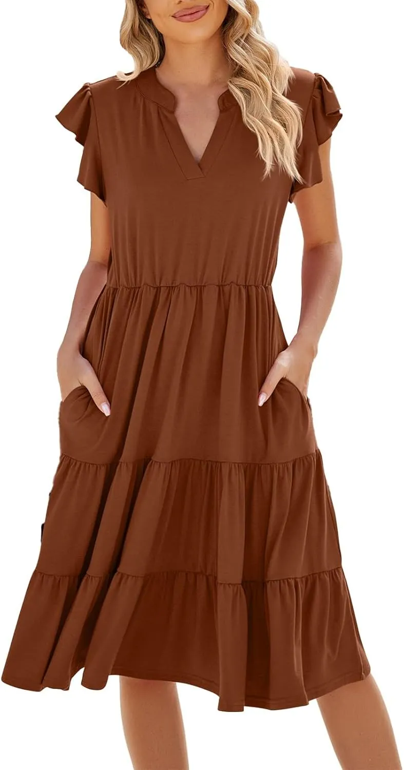 Midi Dresses for Women 2024 Summer V Neck Tiered Ruffle Sleeve Midi Dress Casual Flowy Sundress with Pockets
