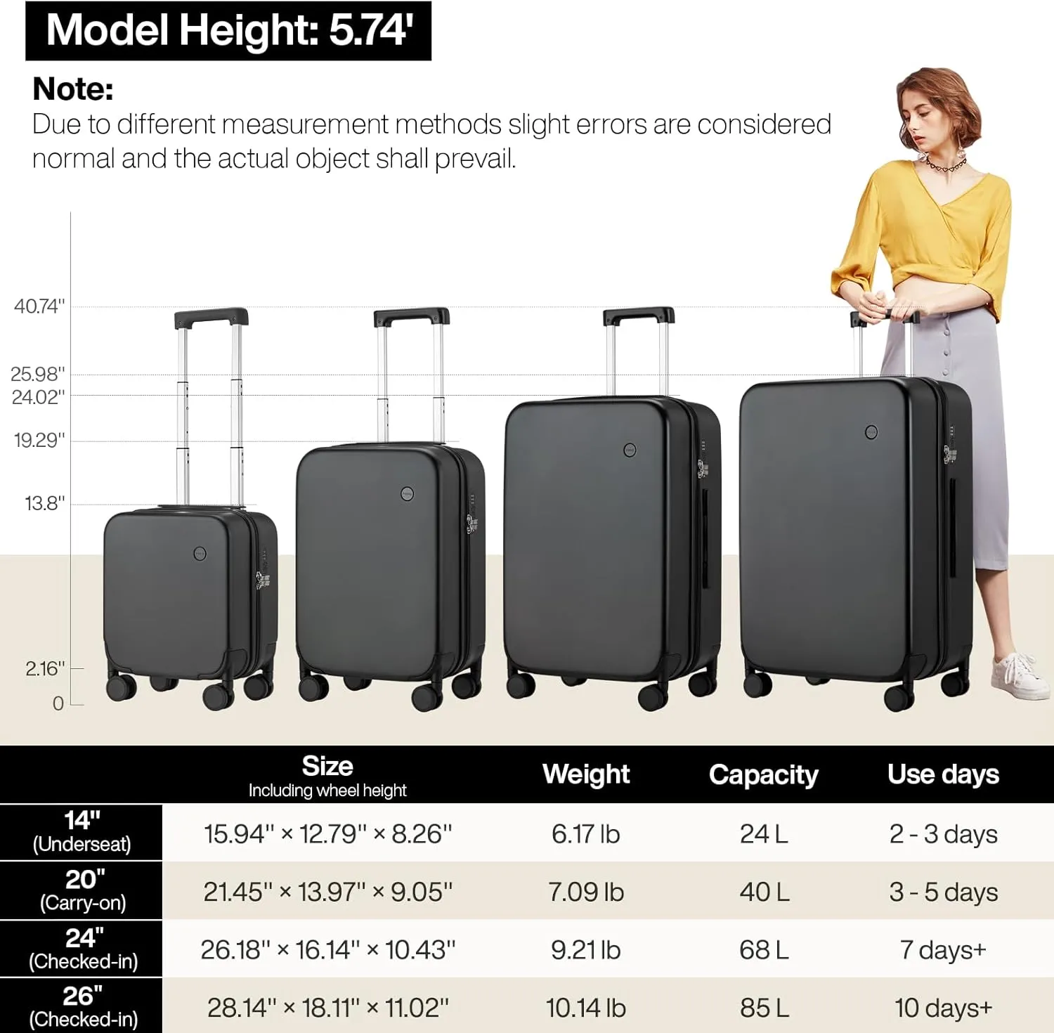 mixi Upgrade Luggage Suitcases with Spinner Wheels, Large Hardside Rolling Suitcase PC with TSA Lock Travel Case 26in Checked in, Fine Grid Black