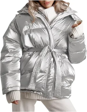 Parkas for Women Shiny 2024 Trendy Cotton-padded Hooded Jacket Solid Casual Loose Fit Full Zip Coat with Belt