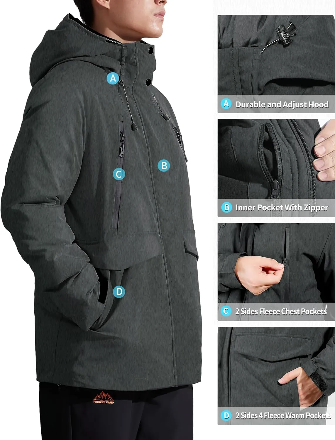 Pioneer Camp Men's Winter Coat Waterproof Fleece Lined Warm Winter Jacket with 9 Pockets Insulated Windproof Hooded Parka