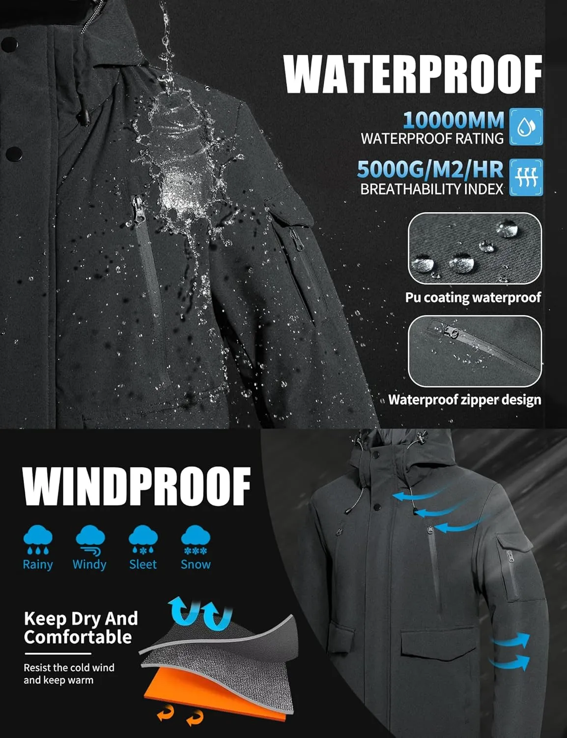Pioneer Camp Men's Winter Coat Waterproof Fleece Lined Warm Winter Jacket with 9 Pockets Insulated Windproof Hooded Parka