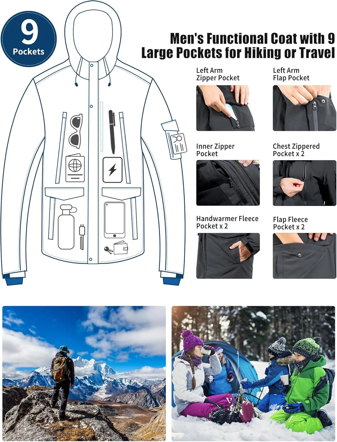 Pioneer Camp Men's Winter Coat Waterproof Fleece Lined Warm Winter Jacket with 9 Pockets Insulated Windproof Hooded Parka