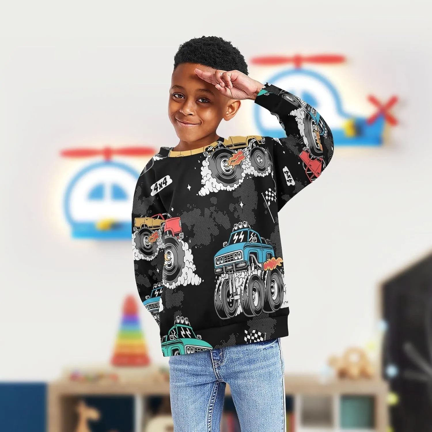 Plaaee Kids Crewneck Long Sleeve Fleece Sweatshirt Pullover Top for Boys or Girls Monster Trucks Car Prints 4T