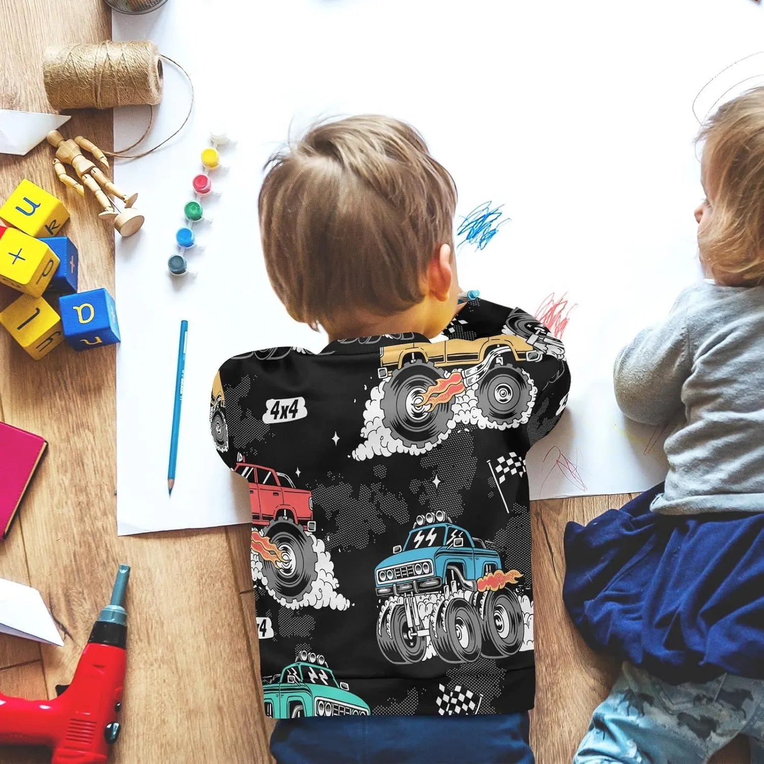 Plaaee Kids Crewneck Long Sleeve Fleece Sweatshirt Pullover Top for Boys or Girls Monster Trucks Car Prints 4T