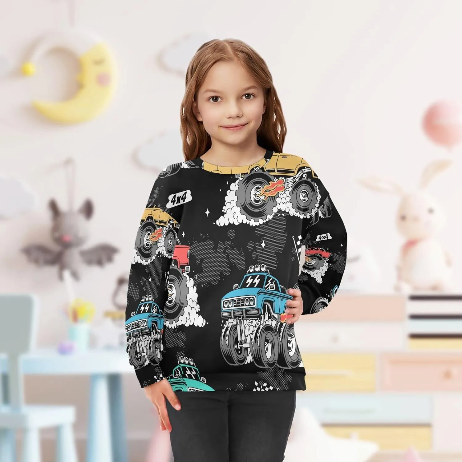 Plaaee Kids Crewneck Long Sleeve Fleece Sweatshirt Pullover Top for Boys or Girls Monster Trucks Car Prints 4T