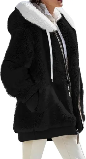 Plus Size Winter Coats For Women Full Zip Oversized Fleece Sherpa Jacket Drawstring Fuzzy Hooded Outerwear w/Pockets