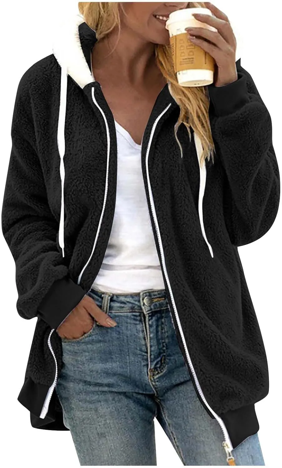 Plus Size Winter Coats For Women Full Zip Oversized Fleece Sherpa Jacket Drawstring Fuzzy Hooded Outerwear w/Pockets