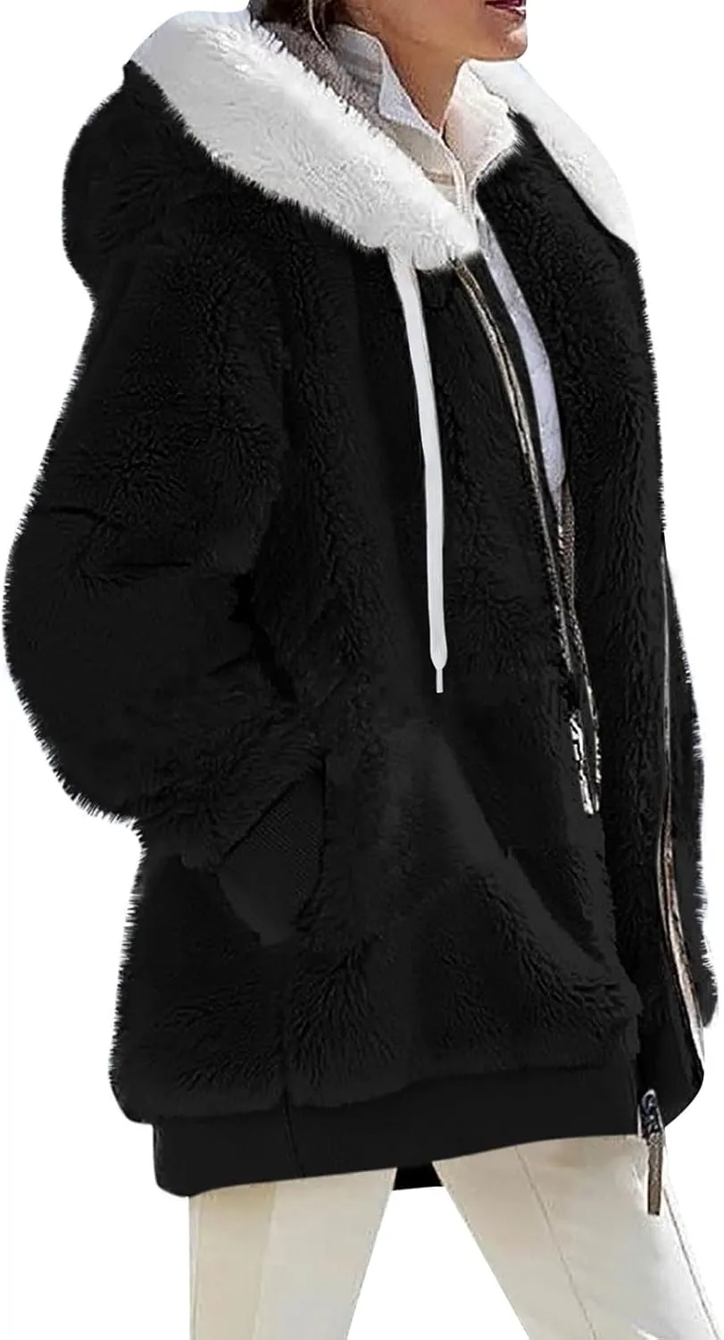 Plus Size Winter Coats For Women Full Zip Oversized Fleece Sherpa Jacket Drawstring Fuzzy Hooded Outerwear w/Pockets
