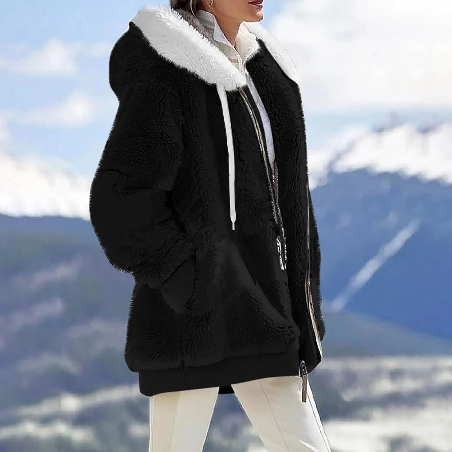 Plus Size Winter Coats For Women Full Zip Oversized Fleece Sherpa Jacket Drawstring Fuzzy Hooded Outerwear w/Pockets
