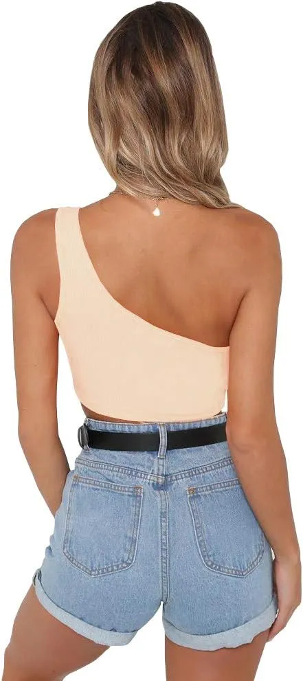 PRETTODAY Women's Sleeveless Crop Tops Sexy One Shoulder Strappy Tees Basic Crop Tank Top