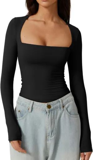 QINSEN Women's Sexy Square Neck Shirt Long Sleeve Double Lined Tees Fitted Going Out Tops