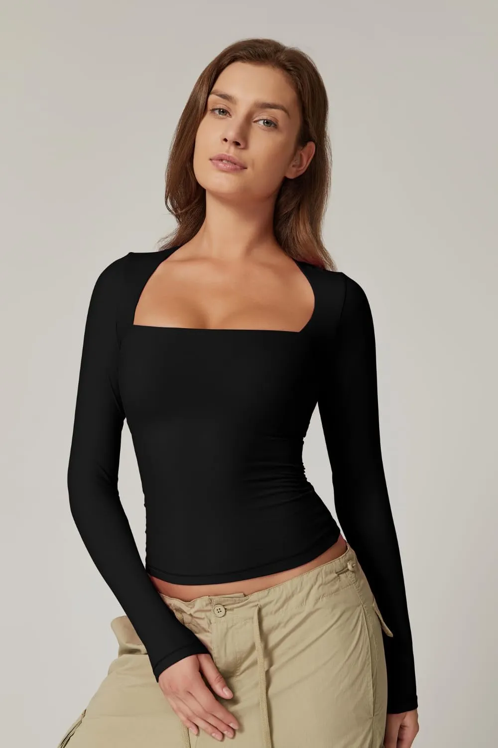 QINSEN Women's Sexy Square Neck Shirt Long Sleeve Double Lined Tees Fitted Going Out Tops