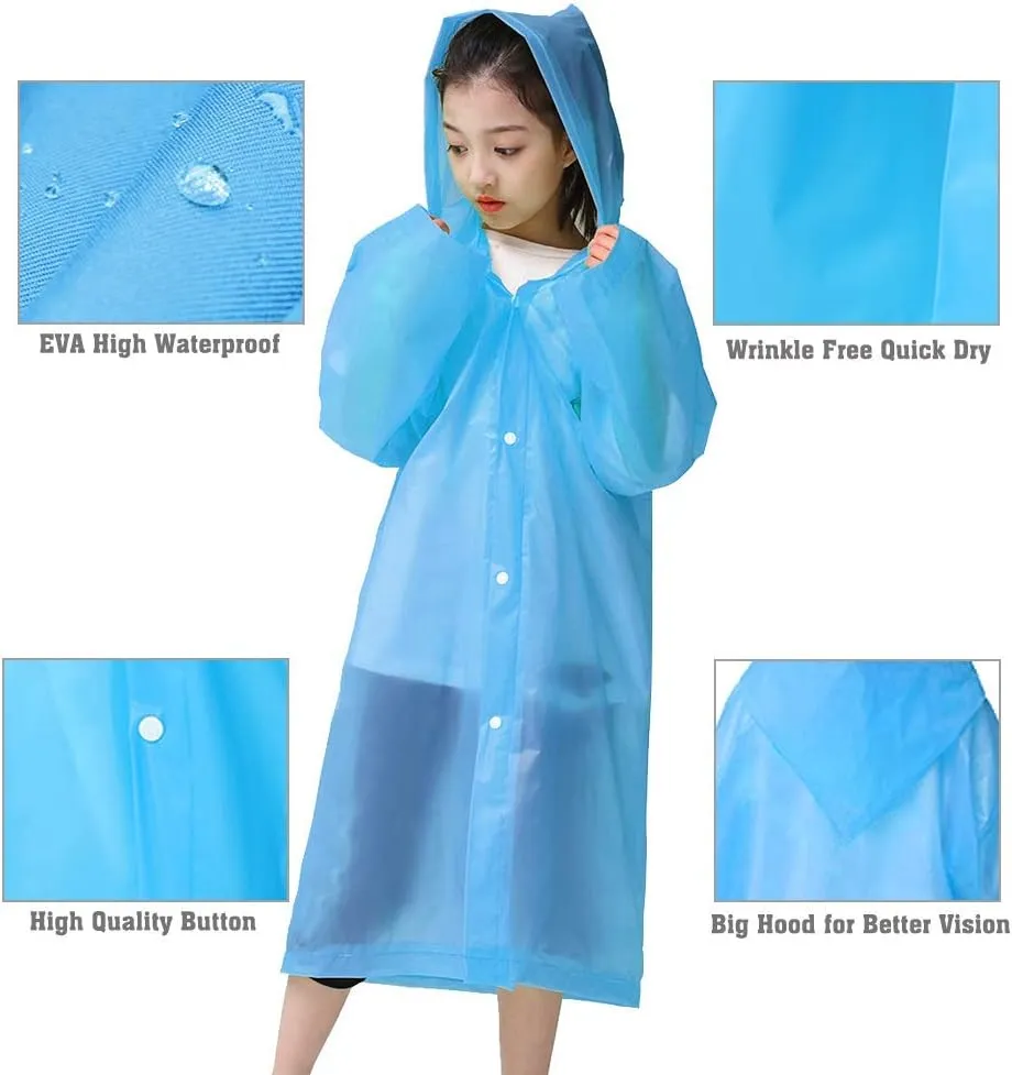 Rain Poncho for Kids Raincoat, 2-5 Pack Reusable EVA Rain Coats for 6-14 Boys Girls, Rain Jackets Gear with Hood