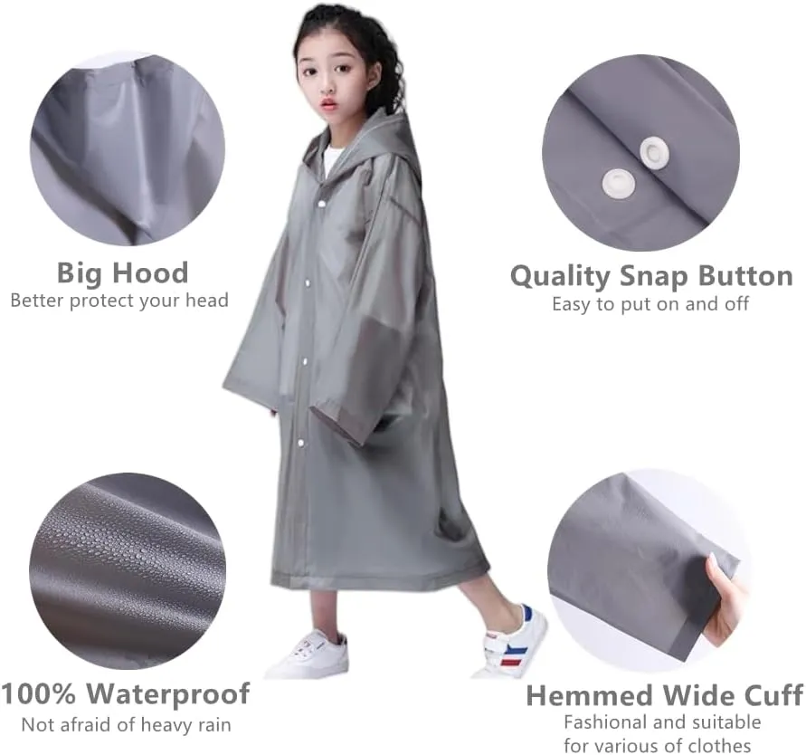 Rain Poncho for Kids Raincoat, 2-5 Pack Reusable EVA Rain Coats for 6-14 Boys Girls, Rain Jackets Gear with Hood