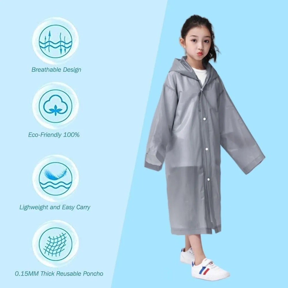 Rain Poncho for Kids Raincoat, 2-5 Pack Reusable EVA Rain Coats for 6-14 Boys Girls, Rain Jackets Gear with Hood
