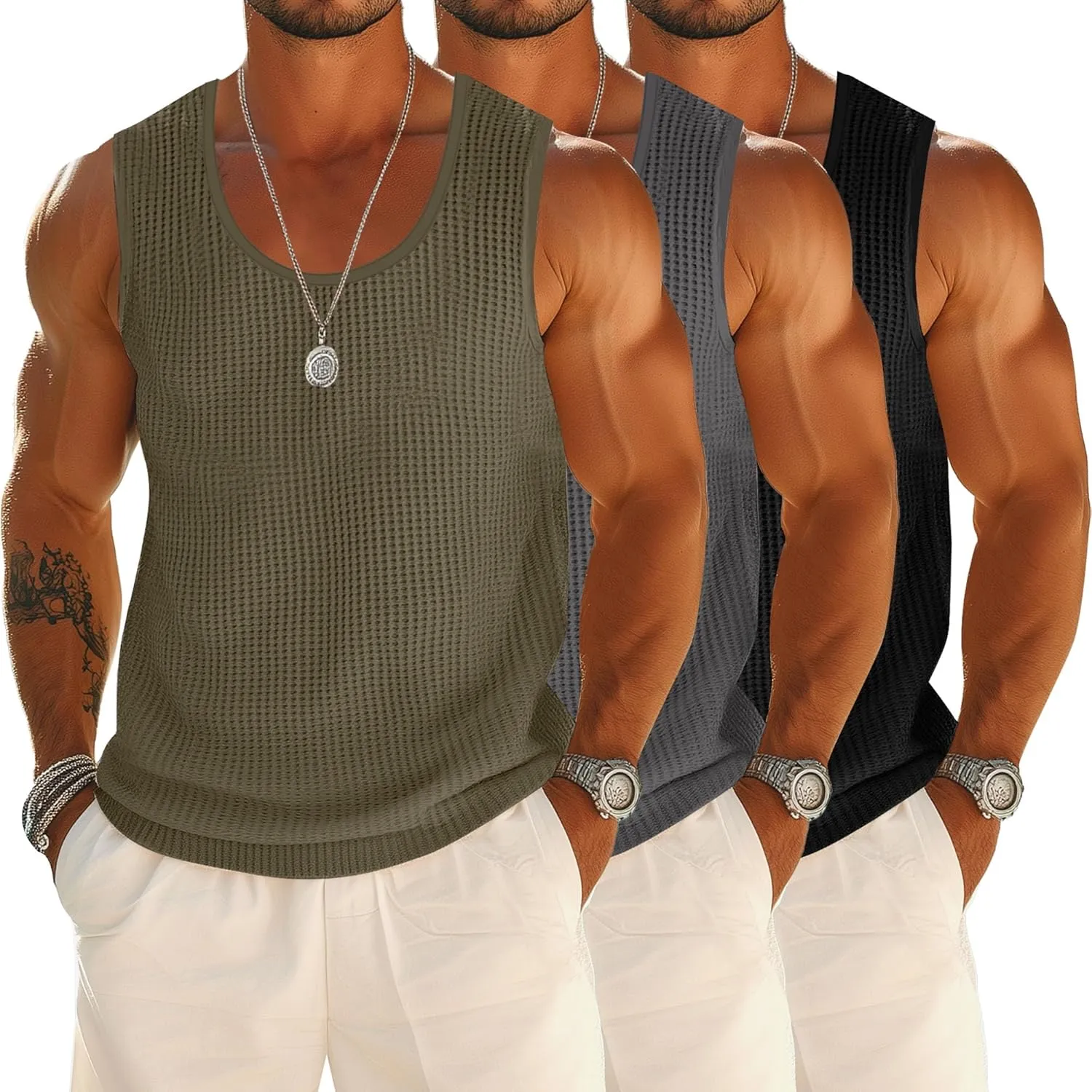 Riyiper 3 Pack Mens Big and Tall Tank Tops Waffle Knit Casual Sleeveless Shirts Plus Size Summer Muscle Tees