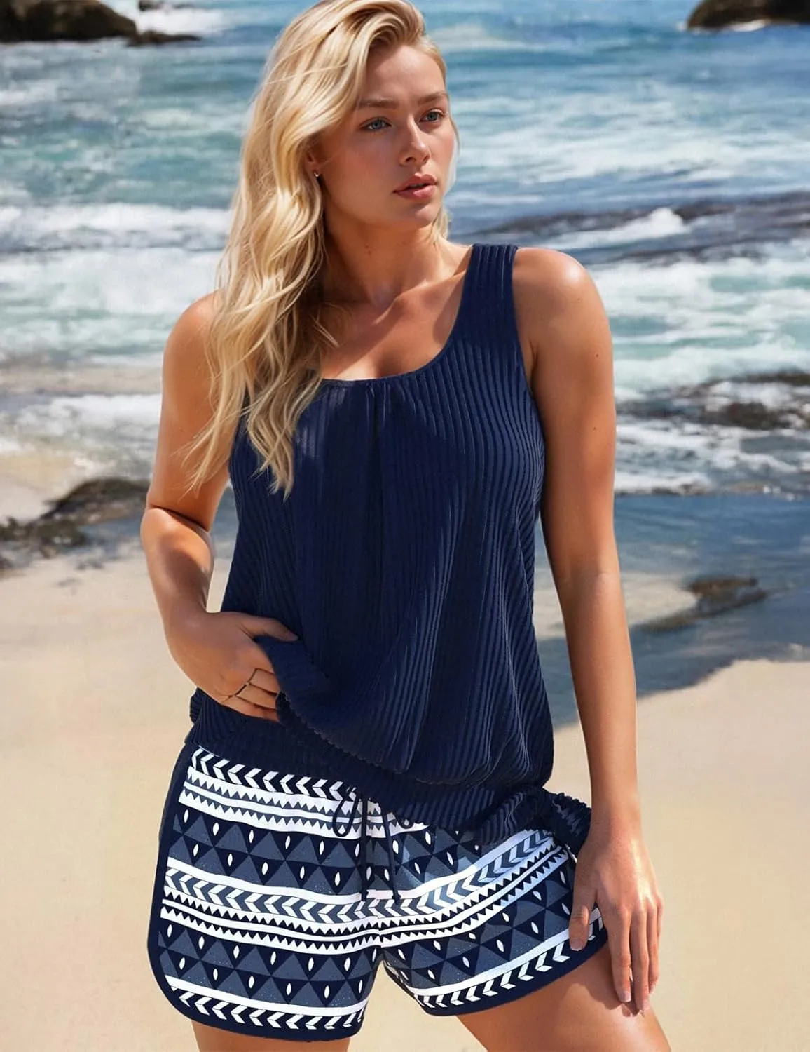 ROSEWE Womens Modest Tankini Swimsuits, Two Piece Athletic Bathing Suits Tank Tops with Board Shorts