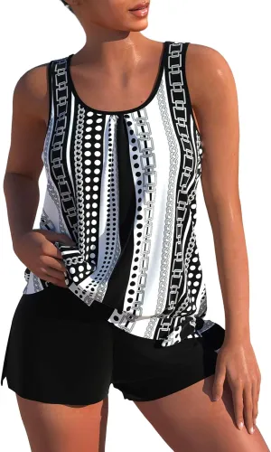 ROSEWE Womens Modest Tankini Swimsuits, Two Piece Athletic Bathing Suits Tank Tops with Board Shorts