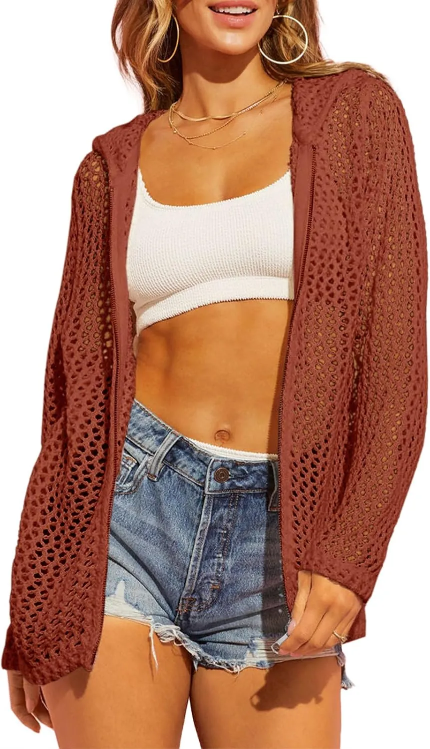 Saodimallsu Womens Crochet Lightweight Cardigans Zip Up Hooded Long Sleeve Knit Sweaters Mesh Beach Swim Cover Up