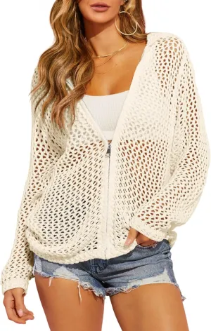 Saodimallsu Womens Crochet Lightweight Cardigans Zip Up Hooded Long Sleeve Knit Sweaters Mesh Beach Swim Cover Up