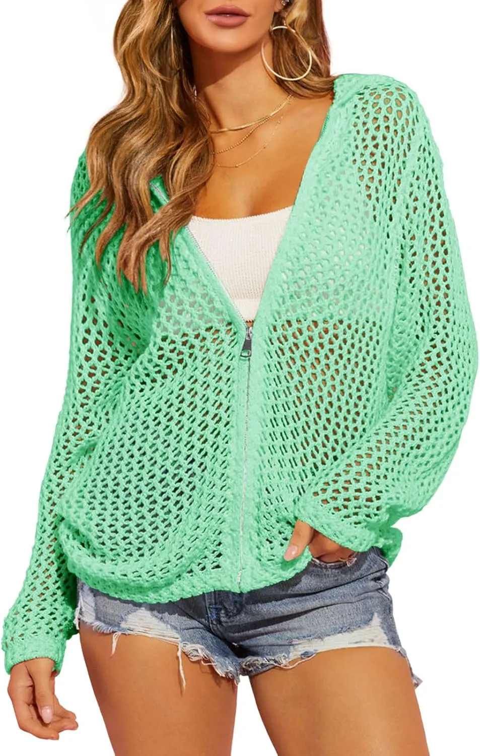 Saodimallsu Womens Crochet Lightweight Cardigans Zip Up Hooded Long Sleeve Knit Sweaters Mesh Beach Swim Cover Up