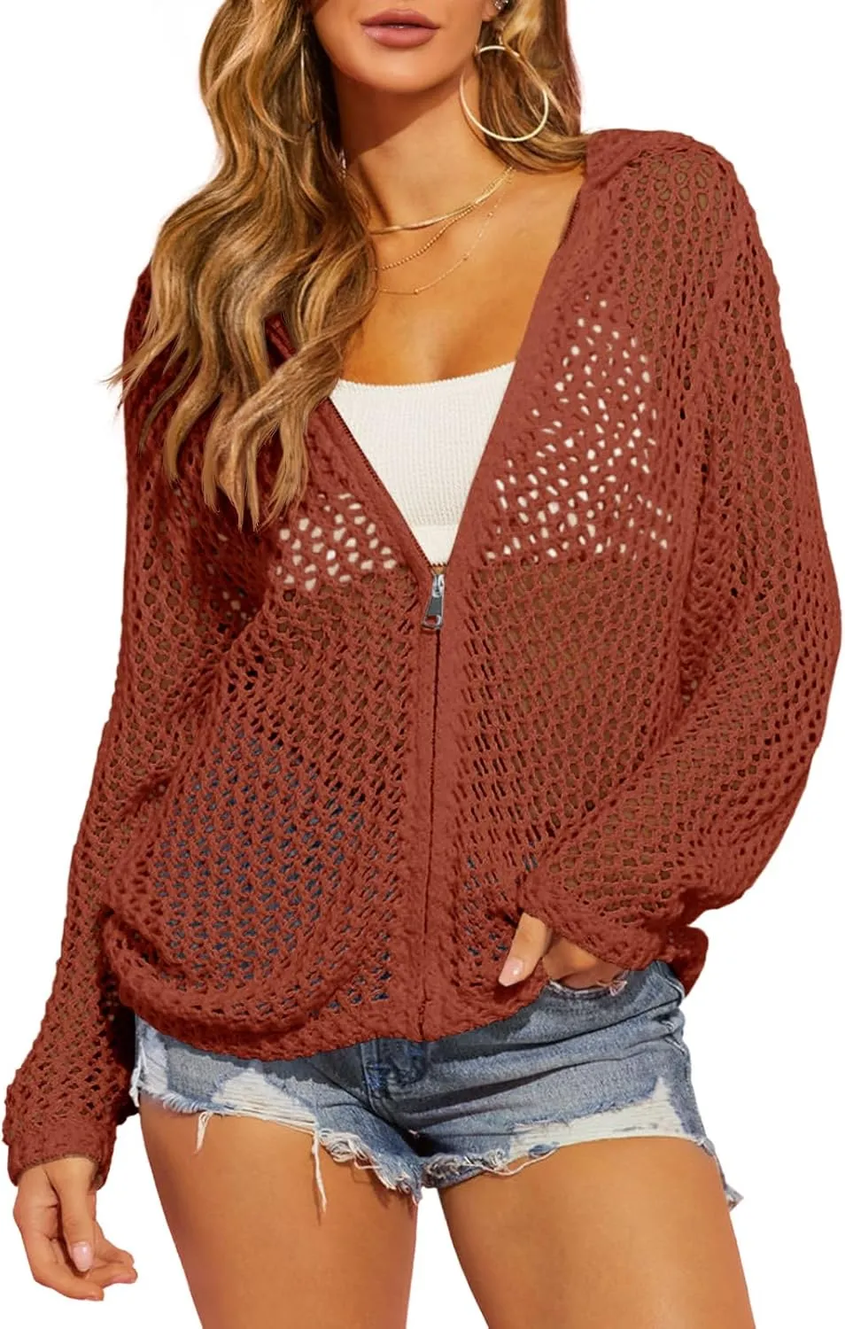 Saodimallsu Womens Crochet Lightweight Cardigans Zip Up Hooded Long Sleeve Knit Sweaters Mesh Beach Swim Cover Up