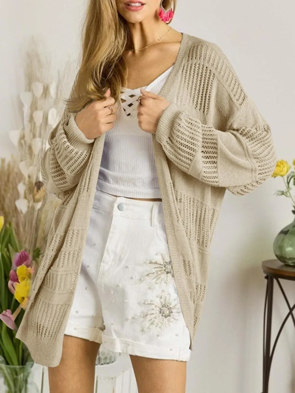 Saodimallsu Womens Summer Lightweight Cardigans Crochet Knit Boho Open Front Long Sleeve Loose Sweater Outwear