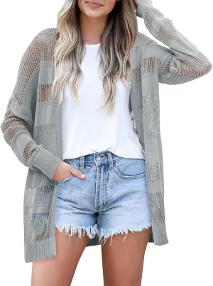 Saodimallsu Womens Summer Lightweight Cardigans Crochet Knit Boho Open Front Long Sleeve Loose Sweater Outwear