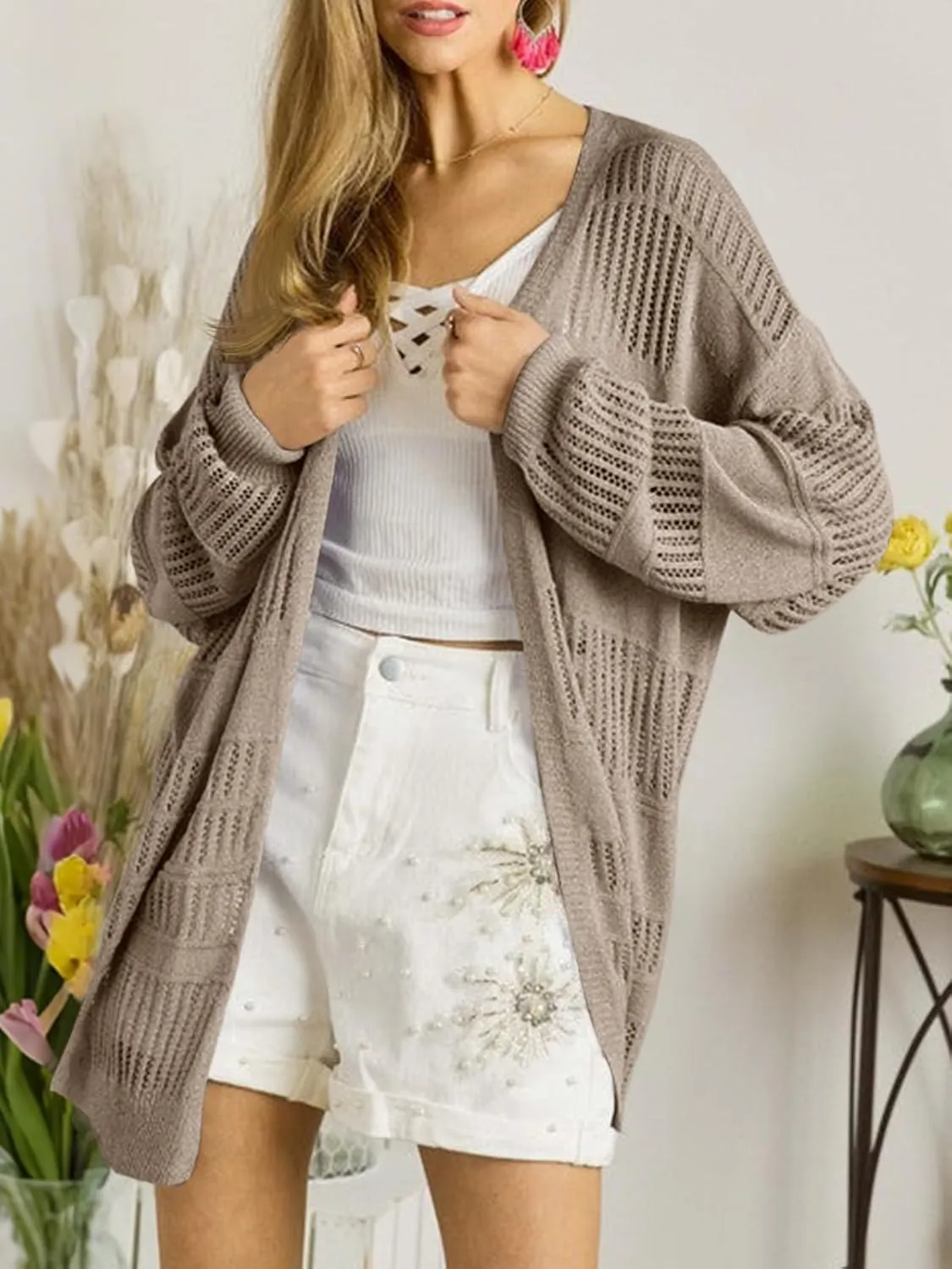 Saodimallsu Womens Summer Lightweight Cardigans Crochet Knit Boho Open Front Long Sleeve Loose Sweater Outwear