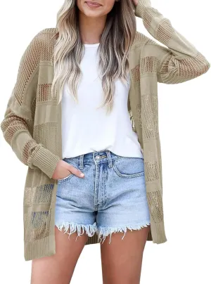 Saodimallsu Womens Summer Lightweight Cardigans Crochet Knit Boho Open Front Long Sleeve Loose Sweater Outwear